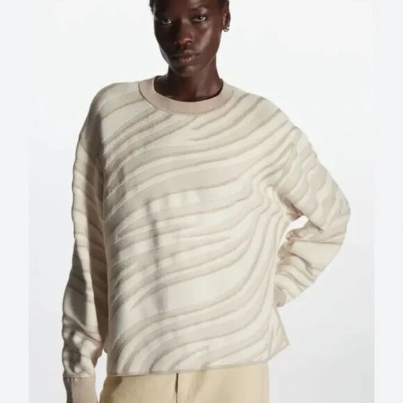 COS Sweater Womens XS Tan Pullover Stripe Zebra Jacquard Chunky Knit Side Slit - Picture 1 of 9